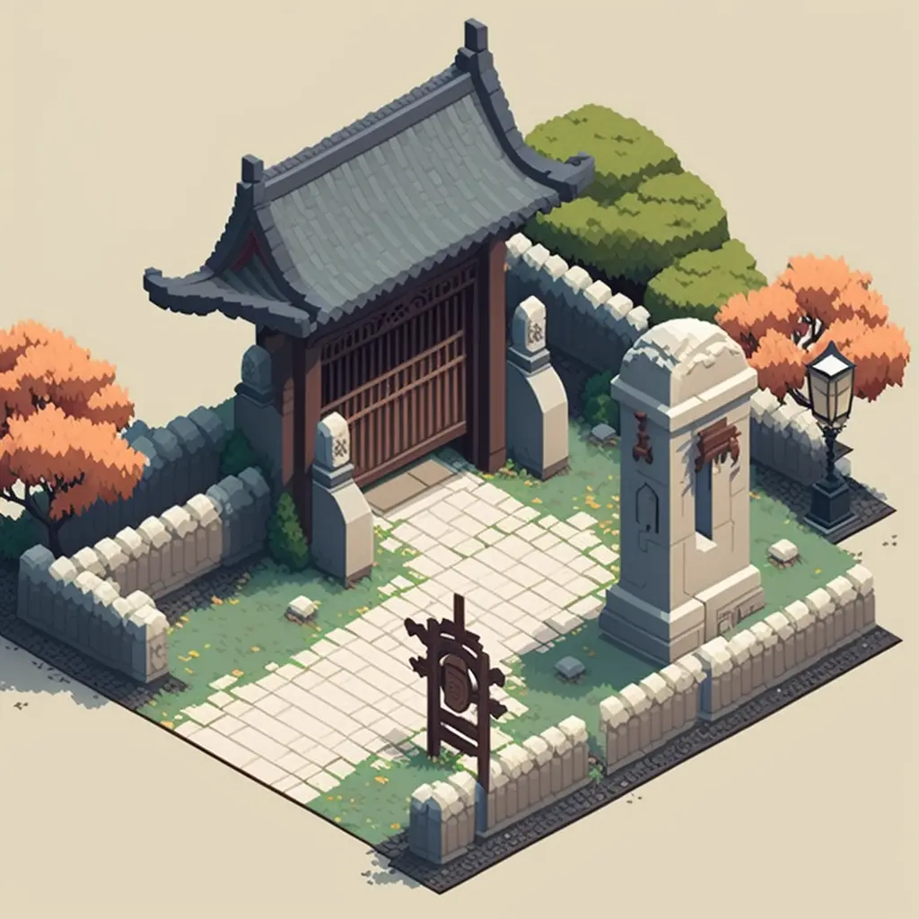 Isometric clean pixel art image of a old Japanese sword school with a gate